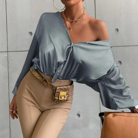 Button down Bishop Sleeve Shirt Blouse Dusty Blue - Picture 3 of 5